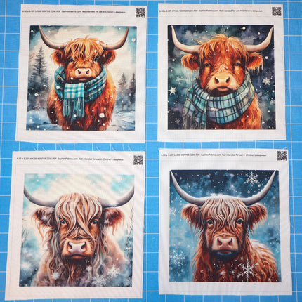 Four prints of a highland cow fabric panels