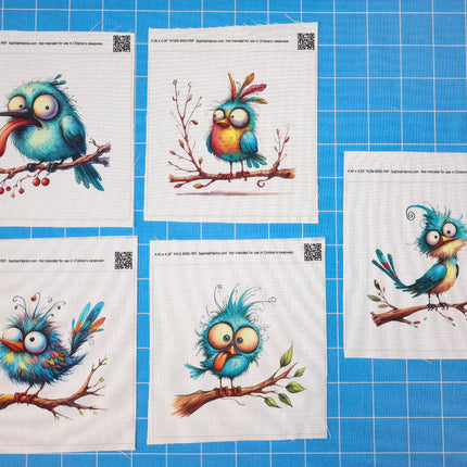 Five illustrations of colorful birds on branches fabric panels