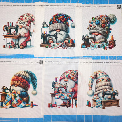 6 Piece 5"x5" Quilting Gnomes 100% Cotton Fabric Panel Squares Quilting Blocks MP153