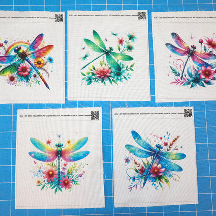 5 Piece 4"x4" Dragonflies 100% Cotton Fabric Panel Squares Quilting Blocks
