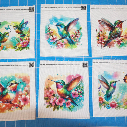 6 Piece 4"x4" Hummingbirds 100% Cotton Fabric Panel Squares Quilting Blocks