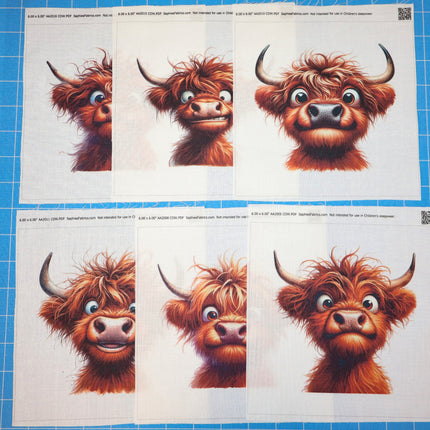 Set of six prints of Highland cow quilt blocks