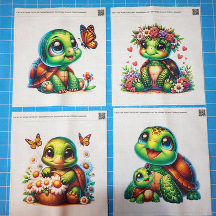 Four illustrations of a green turtle with flowers and butterflies quilt blocks