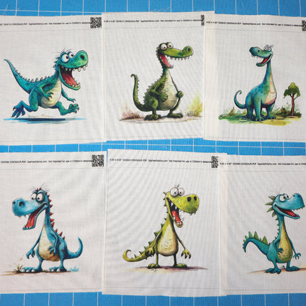 Five cartoon dinosaur quilt blocks