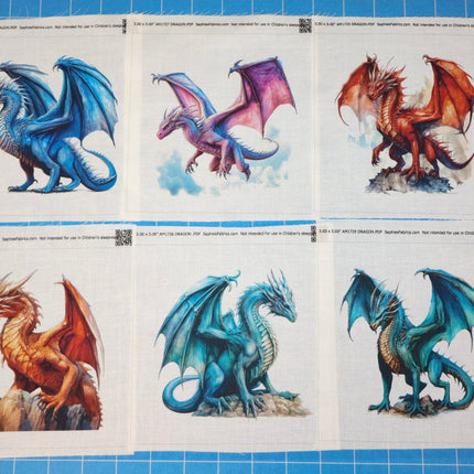 Six colorful dragon quilt blocks