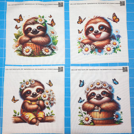 Four illustrations of a sloth with flowers and butterflies fabric panels