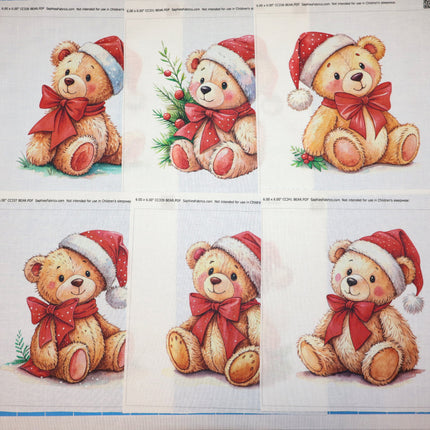 Set of five Christmas-themed teddy bears fabric panels