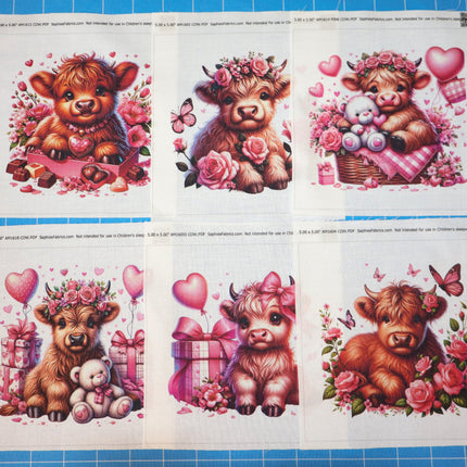 Set of six highland cow fabric panels