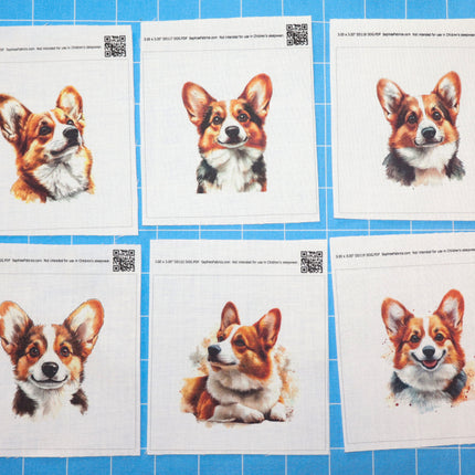 Six cards with images of a corgi dog on a blue grid background fabric panels