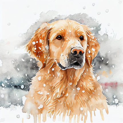 A digitally printed 100% cotton fabric panel featuring a Golden Retriever dog with snowflakes in the background.