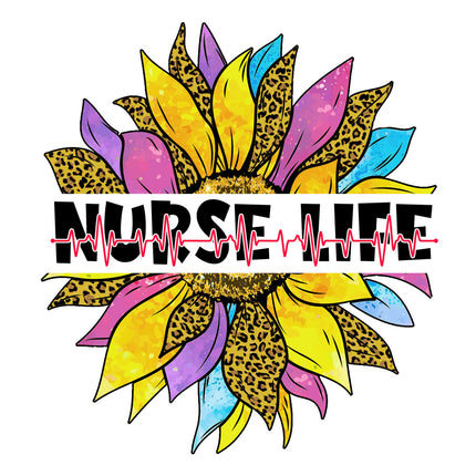 Colorful sunflower design with 'NURSE LIFE' text and heartbeat symbol fabric panel