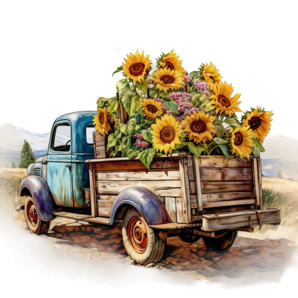 A fabric panel featuring a quilt block design with a truck loaded with sunflowers.
