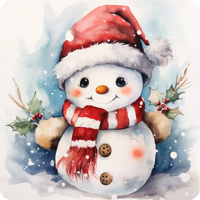 A digitally printed 100% cotton fabric panel featuring a cute snowman with a red and white striped scarf, a red Santa hat, and buttons for details, surrounded by holly and snowflakes against a blue background.
