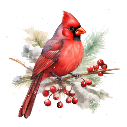 Red cardinal bird perched on a branch with berries and snowflakes quilt block