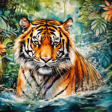 A digitally printed 100% cotton fabric panel featuring a majestic tiger in a jungle setting with water splashing around.