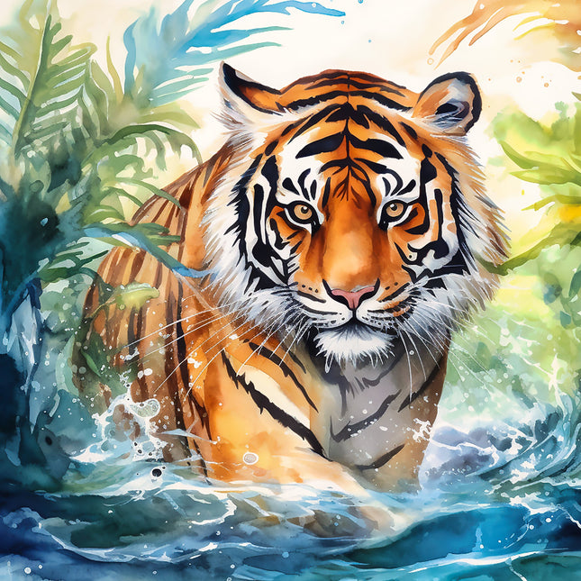 A digitally printed 100% cotton fabric panel featuring a majestic tiger in a jungle setting with water splashes, primarily in blue and green tones.