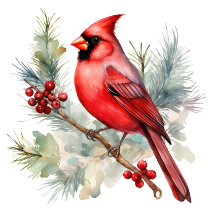 Red cardinal bird perched on a branch with berries quilt block