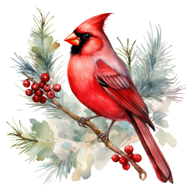Red cardinal bird perched on a branch with berries quilt block