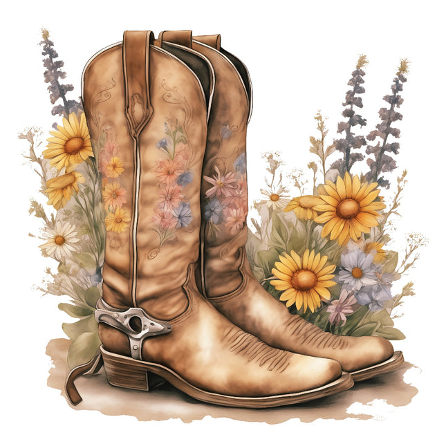 A fabric panel featuring a pair of floral cowboy boots fabric panel