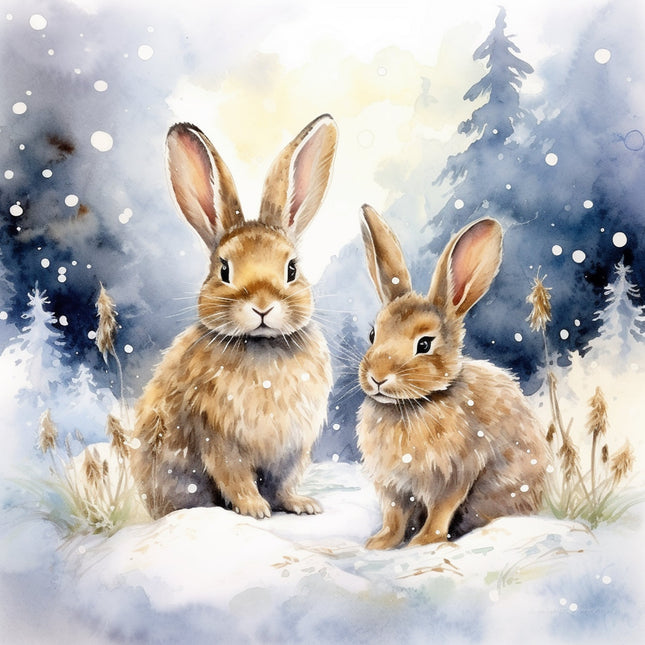 A digitally printed 100% cotton fabric panel featuring two rabbits in a snowy landscape with trees in the background.