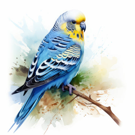 A digitally printed 100% cotton fabric panel featuring a blue parakeet perched on a branch with a watercolor splash background.