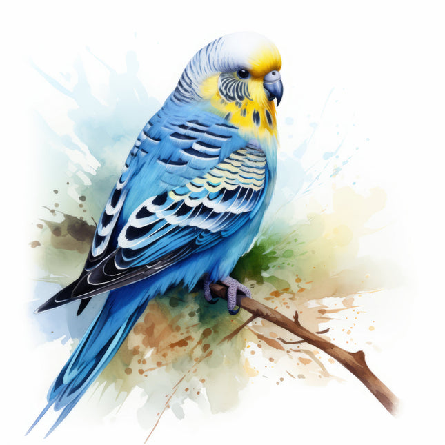 A digitally printed 100% cotton fabric panel featuring a blue parakeet perched on a branch with a watercolor splash background.