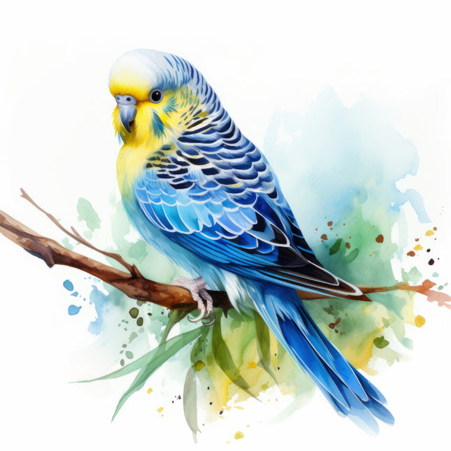 A digitally printed 100% cotton fabric panel featuring a blue and yellow parakeet perched on a branch with a watercolor splash background.