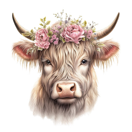 A digitally printed 100% cotton fabric panel featuring a block image of a highland cow with floral decorations on its head.