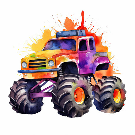 A digitally printed 100% cotton fabric panel featuring a vibrant, colorful depiction of a monster truck.