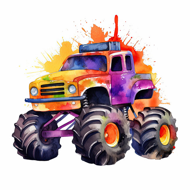 A digitally printed 100% cotton fabric panel featuring a vibrant, colorful depiction of a monster truck.