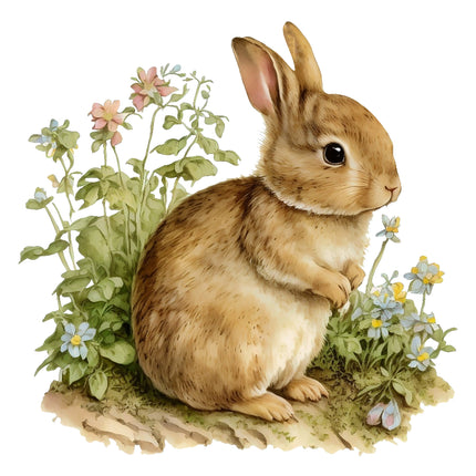 A digitally printed 100% cotton fabric panel featuring a beige rabbit with flowers in the background.