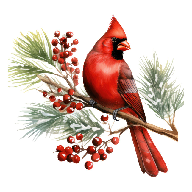 Red cardinal bird perched on a branch with red berries quilt block