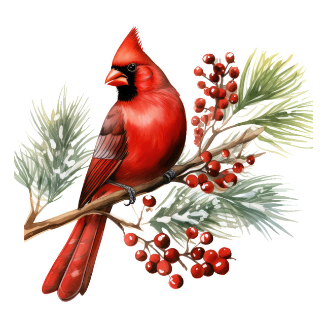 Red cardinal bird perched on a branch with berries fabric panel