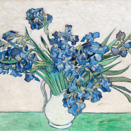 A fabric panel featuring a digitally printed design of blue irises in a vase, after the style of Vincent Van Gogh.