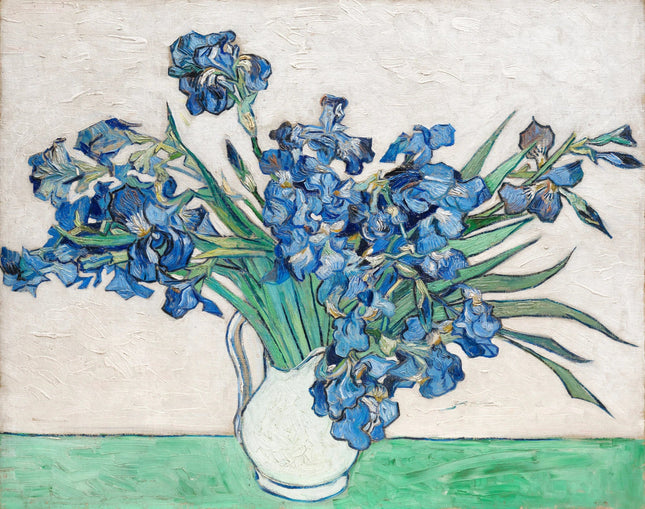 A fabric panel featuring a digitally printed design of blue irises in a vase, after the style of Vincent Van Gogh.