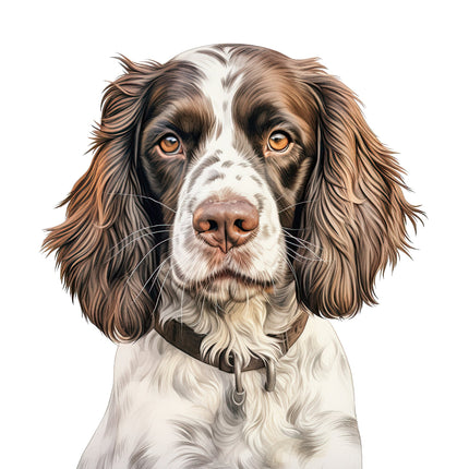 A digitally printed fabric panel featuring a close-up of an English Springer dog's face with brown, white, and black colors.