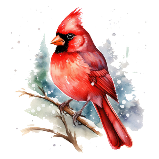 Red cardinal bird on a branch with a snowy background fabric block