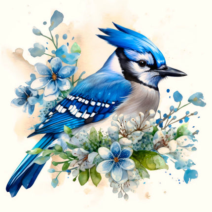Blue jay bird surrounded by blue flowers fabric panel