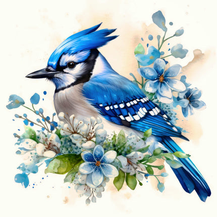 Blue jay surrounded by flowers and foliage on a light background fabric panel