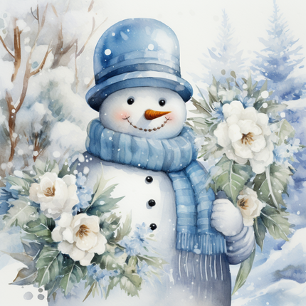 A digitally printed 100% cotton fabric panel featuring a smiling snowman with a blue hat and scarf, surrounded by white flowers and snow-covered branches.