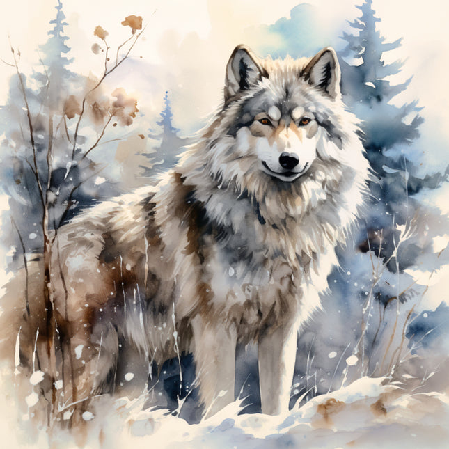 Wolf standing in a snowy forest with trees and snow in the background fabric panel