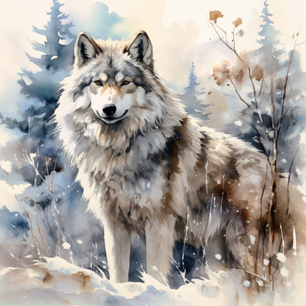 Wolf standing in a snowy forest with trees and snowflakes in the background fabric panel