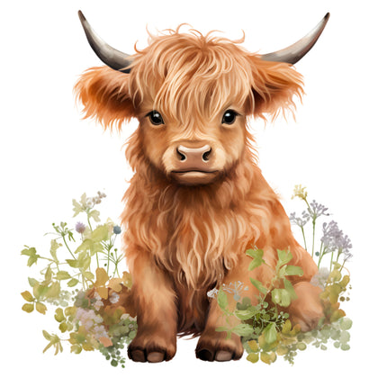 A digitally printed 100% cotton fabric panel featuring a Highland cow with flowers