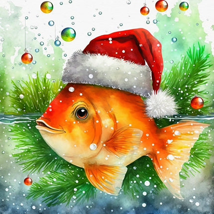 A digitally printed 100% cotton fabric panel featuring a goldfish with a Santa hat, surrounded by Christmas decorations and snowflakes.