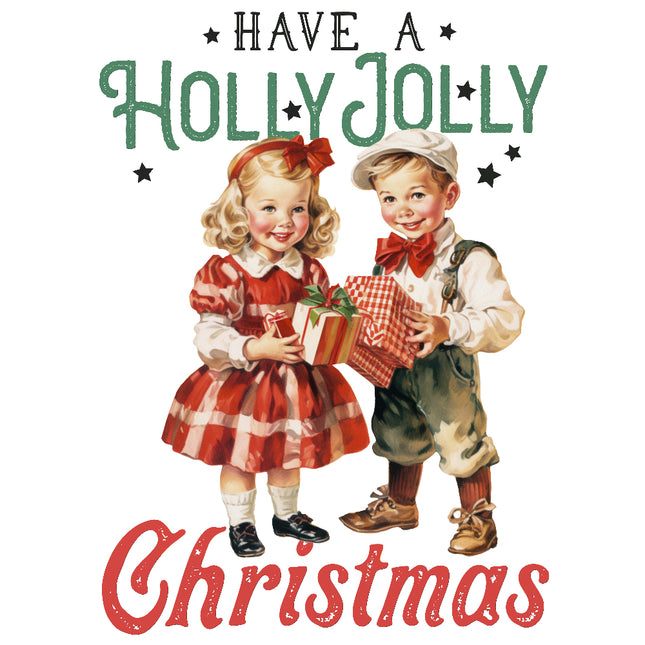 Vintage-style boy and girl holding gifts with 'Have a Holly Jolly Christmas' fabric panel