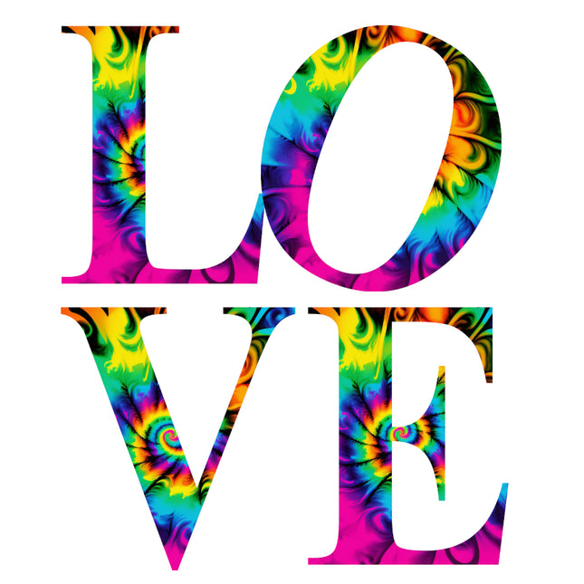Tie-dye design spelling 'LOVE' fabric panel