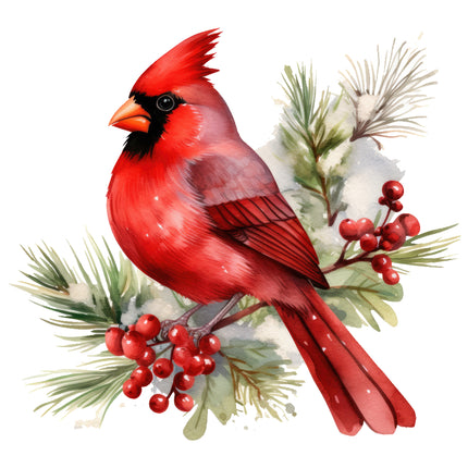 Red cardinal bird perched on a branch with red berries quilt panel