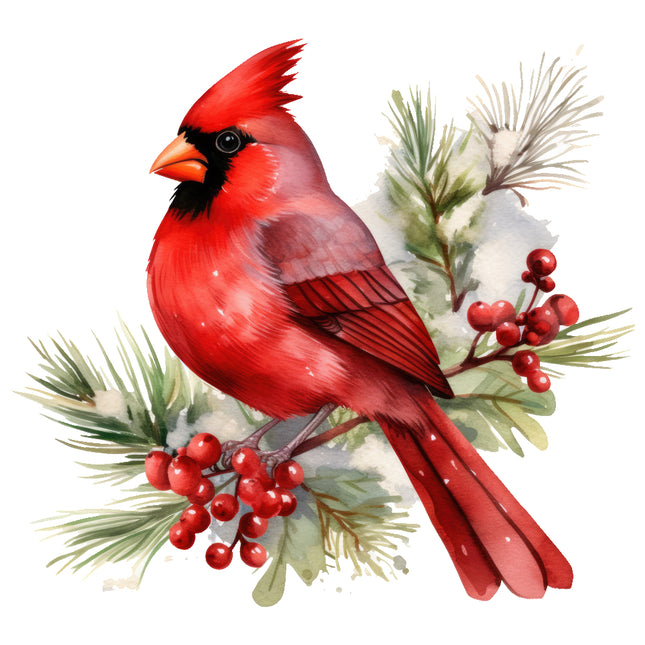 Red cardinal bird perched on a branch with red berries quilt panel