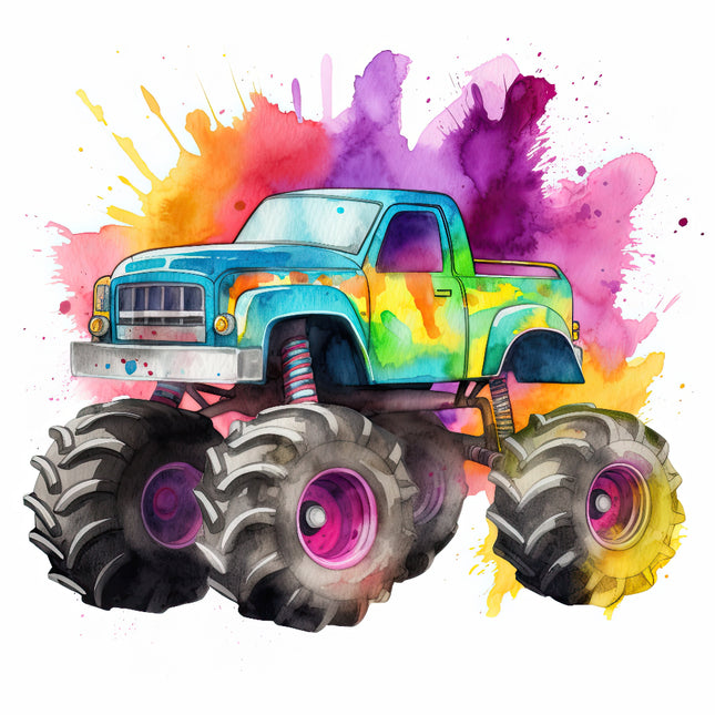 A colorful illustration of a monster truck with large wheels fabric panel