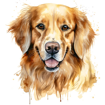 A digitally printed 100% cotton fabric panel featuring a block image of a Golden Retriever dog's face.